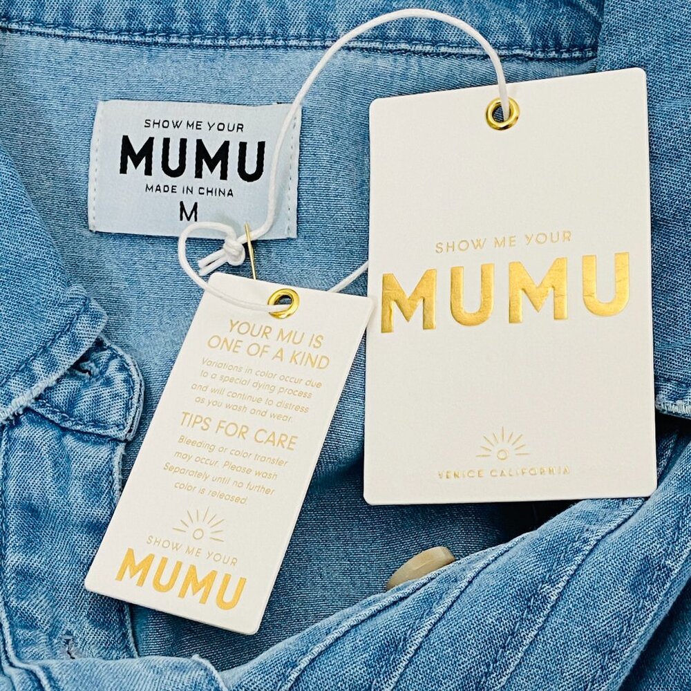 New Show Me Your Mumu Louisiana Denim Blue Dress Pockets 100% Cotton, Size M - Picture 11 of 13